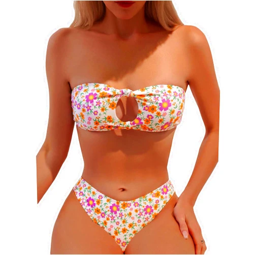 MakeMeChic Women's 2 Piece Bandeau Swimsuit Floral Cut Out Bikini Set Strapless Bathing Suits
