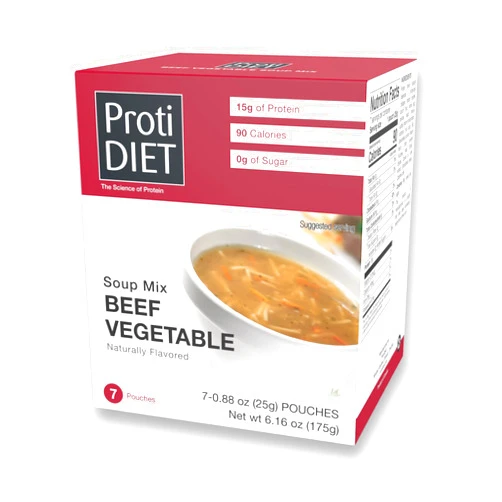 ProtiDIET High Protein Beef Vegetable Soup Mix, Low Calorie, No Fat, Sugar-free, Quick and Easy-to-Prepare Satisfying Meal Replacement Protein Powder Soup Mix with Collagen- 7 Soup Mix Pouches Per Box