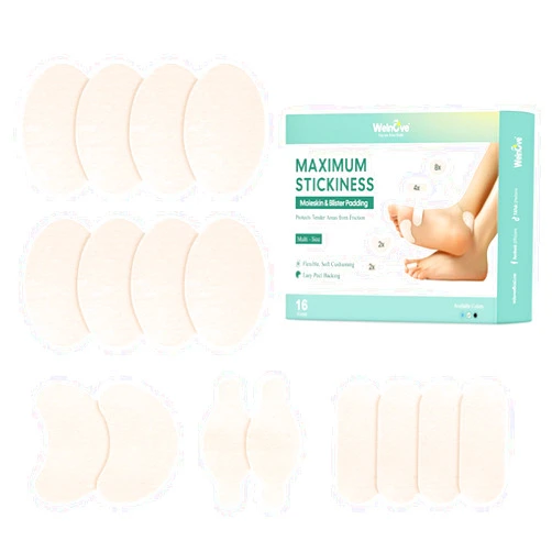 Welnove Moleskin Adhesive Pads for Feet,Blister Bandages for Feet, Mole Skin Patch for Feet Heels, Skin Tape Stickers for Feet - 16 Sheets of 4 Shapes