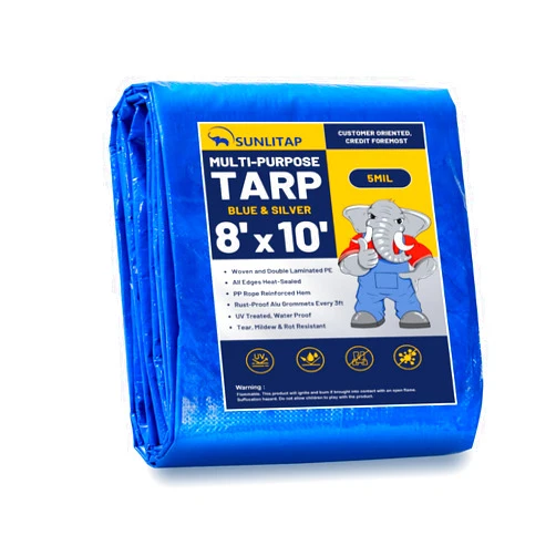 SUNLITAP 8x10Ft Tarp Cover Waterproof Poly Tarps with Metal Grommets, Reinforced Edges, UV Resistant, Rip & Tear Proof, Multipurpose Finished Size Tarps for Cars, Boat, Roof, Camping (Blue/Silver)