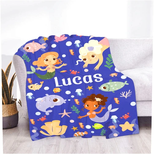321DESIGN Custom Name Mermaid Blanket for Boys Girls Baby Women Personalized Name Text Throw Blanket for Kids Bedroom Decor 50
