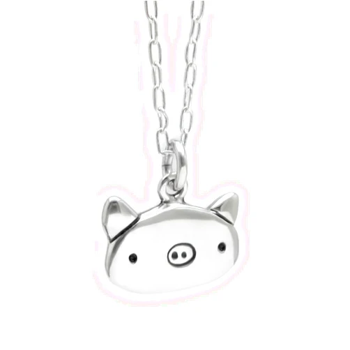 Mark Poulin Pig Charm Necklace on Adjustable Sterling Chain 925 for Women and Girls