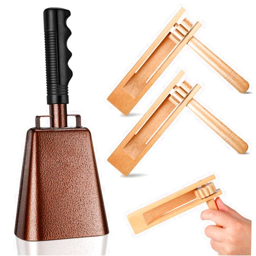 Nuanchu 10 Inch Cowbell Noise Makers for Sport Event Steel Cowbell with Handle and 2 Pcs Wooden Spinning Rattle Ratchet Matraca Cheer Bell Alarm for Football Game Musical Percussion Instruments(Brown)
