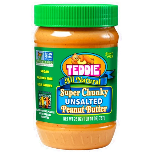 Teddie All Natural Peanut Butter, Gluten Free & Vegan, 26 Ounce Plastic Jar (26 Ounce (Pack of 1), Super Chunky Unsalted)