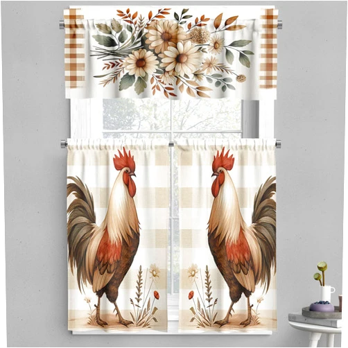 Ambesonne Farmhouse Valance & Tier Curtain 3 pcs Set, Bold Rooster Print and Flowers on Gingham with Rustic Country Style, Window Treatments for Kitchen Room Decor, 55