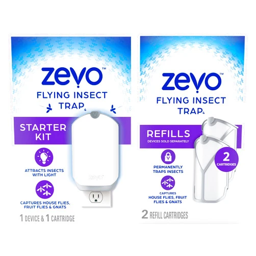 Zevo Flying Insect Trap for Indoors: Light Trap Captures Fruit Flies, Gnats and Houseflies, Starter Kit + Refills (1 Plug-in Base + 3 Cartridges)