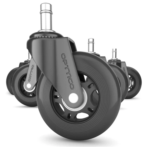 OPTTICO Office Chair Wheels Replacement Set of 5 - NO MORE CHAIR MATS - Office Chair Casters for HARDWOOD FLOORS - Smooth Rolling, Soft Rubber Desk Chair Wheels, Rollerblade Style Computer Chair Caster Wheels