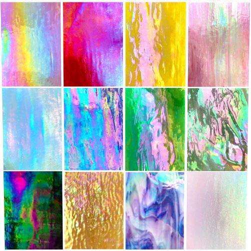PALJOLLY 12 Sheets High Shine Iridescent Stained Glass Sheet Variety Pack, 4 x 6-inch Iridized Art Glass Mosaic Tiles for Crafts, Stained Glass Supplies for Glass Projects and Mosaic Work