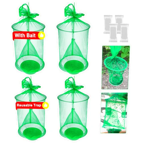 Dwcom 4 Pack Ranch Fly Trap, Reusable Hanging Fly Traps Outdoor, Farm/Stable Fly Killer, Effective Fly Catcher Trap for Horse Fly Hunter