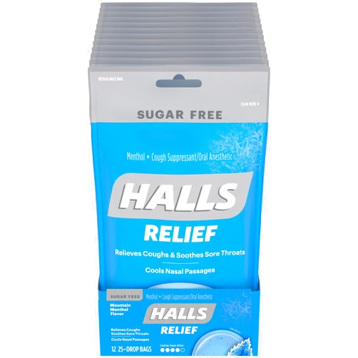 Halls Mountain Menthol Sugar Free Cough Drops - with Menthol - 300 Drops (12 bags of 25 drops)