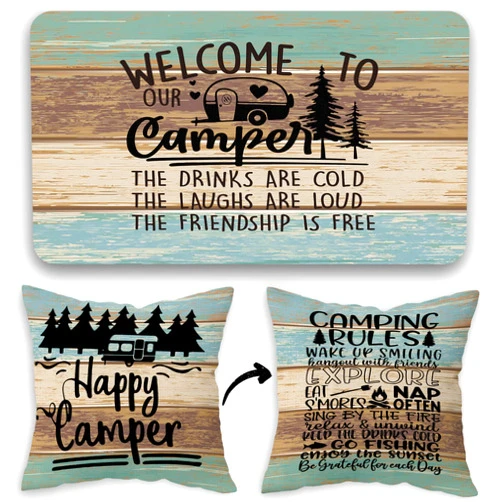 FLDAS Welcome to Our Camper Soft Diatom Mud Absorbent Bath Rug 17”x30”,Happy Camper Camping Rules Reversible Throw Pillow Cover 18”x18”,Set of 1 Pillow Cover 1 Doormat,Campsite RV Decor,Camper Gifts