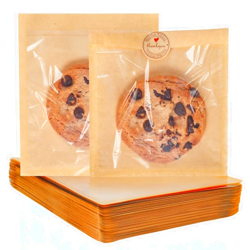 SUREHOME Cookie Bags Small Brown Paper Bags with Window 100 Pcs Thank You Stickers 5.7 x 6.5 Inch Individual Heat Sealable Kraft Bakery Bags for Gift Giving, Treats, Snacks, Baked Goods Packaging