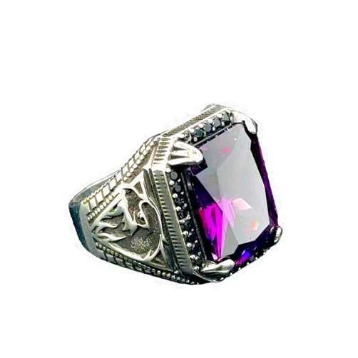 Mercan Silver Silver Amethyst Ring, Silver Men Handmade Ring, Eagle Model Ring, Purple Gemstone Ring, Amethyst Men's Ring, 925k Sterling Silver Ring