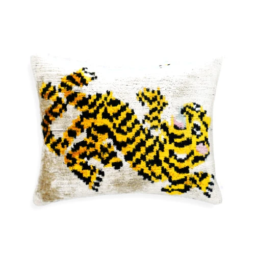 CANVELLO-Exquisite Tiger Print Down Pillow/Throw Cushion: Feather Pillows Elegance & Art | Iconic Throw Pillows with Ikat Design | Soft Velvet Silk (12