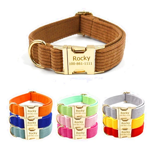YUNMARY Personalized Velvet Dog Collars with Name Phone Number Engraved, Custom Adjustable Soft Stripe Collar with Metal Buckle for Small Medium Large Dogs, Dog Leash and Bow Tie Available - Brown