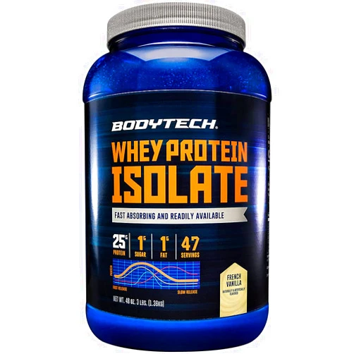 BodyTech Whey Protein Isolate Powder - with 25 Grams of Protein per Serving & BCAA's - Ideal for Post-Workout Muscle Building & Growth, Contains Milk & Soy - Vanilla (3 Pound)