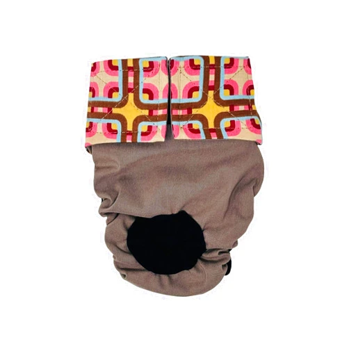 Barkertime Mid Century Pop on Beige Cat Diaper, L, without Tail Hole Stud Pants for Piddling, Spraying, Incontinent Cats - Made in USA
