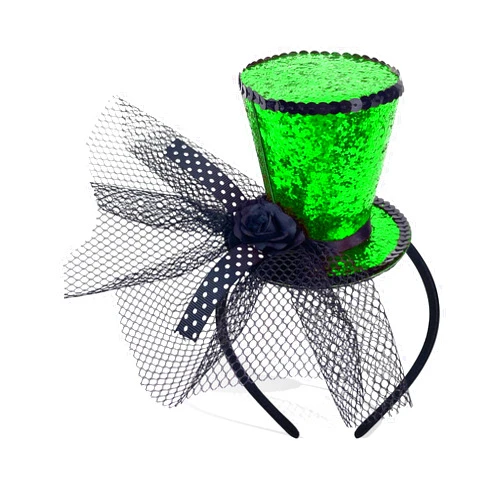 Bniksok Green Glitter Mini Top Hat on Headband with Veil Leprechaun Hat Headband Saint Patty's Day Accessories for Women Girls Costume St. Patrick's Day