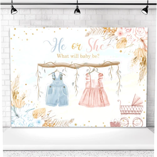 Omifly Gender Reveal 7Wx5H Backdrop for Photography Baby Shower He Or She Pink Blue Watercolor Floral Cute Golden Dots Background Party Decorations Cake Table Banner Decor Photo Booth Studio Props