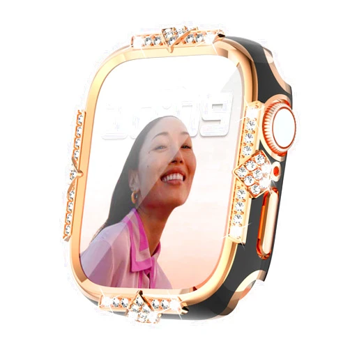 Deeplus Compatible with 41mm Apple Watch Case Series 8/7 Rhinestones with Built-in Glass Screen Protector 40/44/ 41/ 45mm Bumper Diamond iWatch Protective Cover for Women Girl, Black-Rose Gold