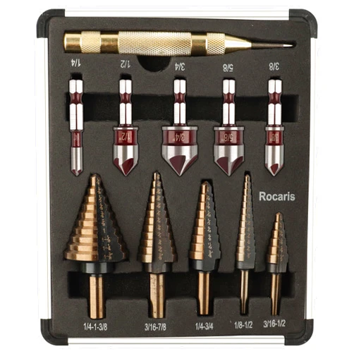 Rocaris 5 Pack Step Drill Bit & 5 Pack M2 Countersink Drill Bit Set, Titanium Coated, 50 Sizes of Step Bit for Metal with Aluminum Case, Multiple Hole Stepped Up Bits for DIY