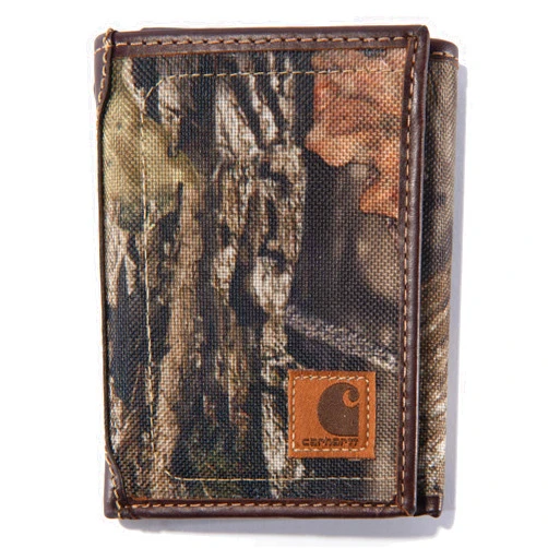 Carhartt Men's Standard Top Grain Leather Trifold, Contrasting Stitch Mossy Oak Break-up Camo
