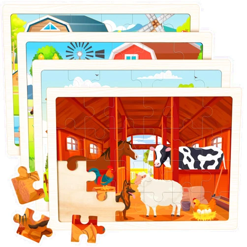 Duchong 4-in-1 Farm Wooden Puzzles for Kids Ages 4-6, 24 PCS Wooden Jigsaw Puzzles for Toddlers Ages 2-4, Preschool Educational Puzzles Boards Toys Gifts for 3 4 5 6 Boys Girls