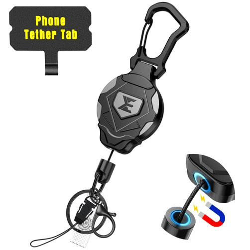 ELV Heavy Duty Retractable Keychain with Magnetic Closure and Carabiner, Retractable ID Badge Holder Clip, Retractable Badge Reel with 31” Dyneema Cord, Key Ring, Lobster Claw Clasp and Phone Tethers