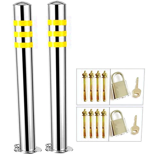 ZHAOCC Parking Post, Parking Barrier, for Parking Lot Set of 2 Parking Bollards Removable Stainless Steel Safety Barrier with Reflective Strips Strong Parking Barrier