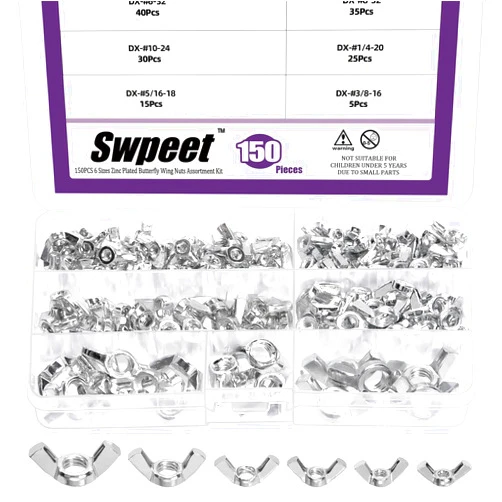 Swpeet 150Pcs Carbon Steel Zinc Plated SAE Wing Nuts Butterfly Nuts Hex Dome Cap Fasteners Hardware Assortment Kit, 6 Sizes - #6-32#8-32#10-24#1/4