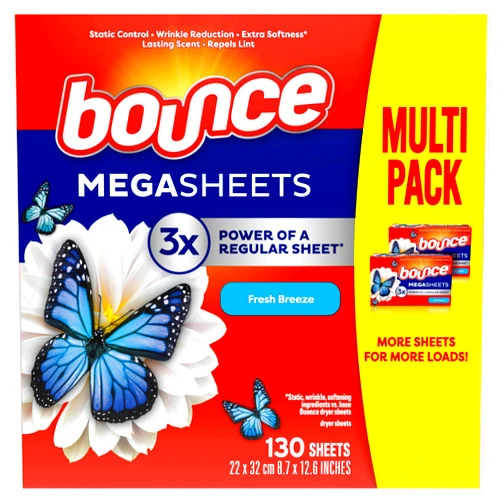 Bounce Mega Dryer Sheets, Fresh Breeze, 130 Count (Packaging May Vary)