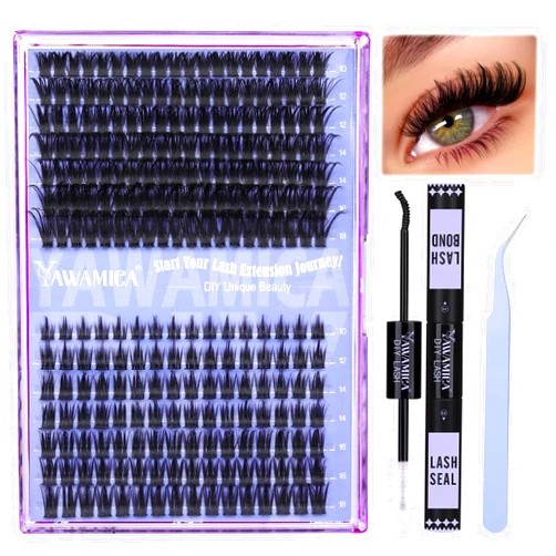 Yawamica Lash Clusters Eyelash Extension Kit Wispy Individual Lashes 2 Styles Mixed DIY Lash Extension Kit 10-18mm Eyelash Clusters Kit with Bond and Seal and Lash Application for DIY Lash at Home