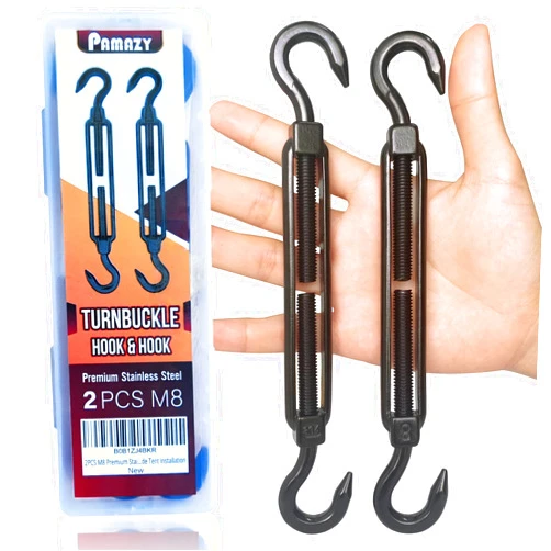 PAMAZY 2PCS M8 Premium Stainless Steel Hook & Hook Turnbuckle, Black Turnbuckle for Wire Rope Tension, Shade Sail Hardware, Sun Shade Tent Installation