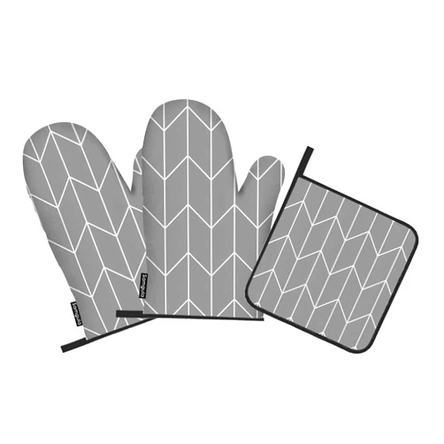 Samgula Grey Oven Mitts and Pot Holders Sets White Lines Arrow Heat Resistant 3pcs for Cooking Baking BBQ