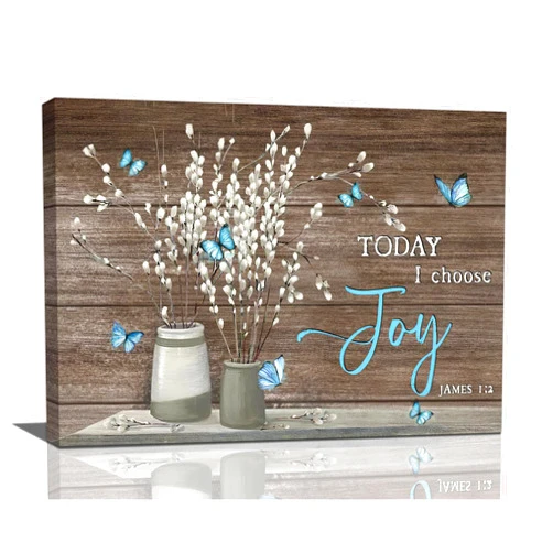 Xgidkew Farmhouse Bathroom Wall Art Rustic Blue Butterfly Cotton Flower Pictures Wall Decor Today I Choose Joy Canvas Painting Print Inspirational Quotes Artworks Decor Framed for Bedroom Living Room 16
