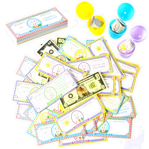 JULEASEL 100 Pcs Easter Egg Fillers-Bunny Money Coupons, Paper Easter Reward Tokens, Easter Prizes Basket Stuffers, 60 Redeemable Coupons+30 Blank DIY Coupons+10 Bunny Dollars, for Easter Activities