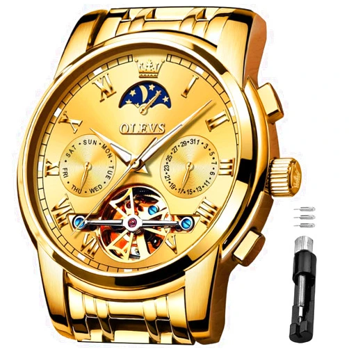 OLEVS Men's Automatic Mechanical Watches Luxury Dress Waterproof Self Winding Moon Phase Chronograph Stainless Steel Luminous Date Tourbillon Wristwatch for Men