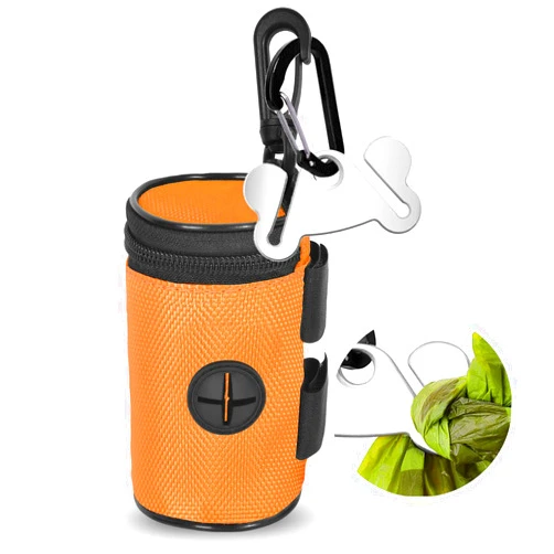 Hilihali Dog Poop Bag Holder for Leash Attachment - Waste Bag Dispenser for Leash - Fits Any Dog Leash - Portable Set with Hand Free Holder Metal Carrier, Round Shape, Orange