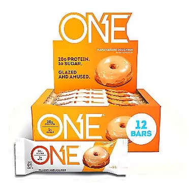 ONE 1 ONE Protein Bars, Maple Glazed Doughnut, Gluten Free Protein Bars with 20g Protein and Only 1g Sugar, Guilt-Free Snacking for High Protein Diets, Maple Glazed Doughnut, 12 Count (Pack of 1)
