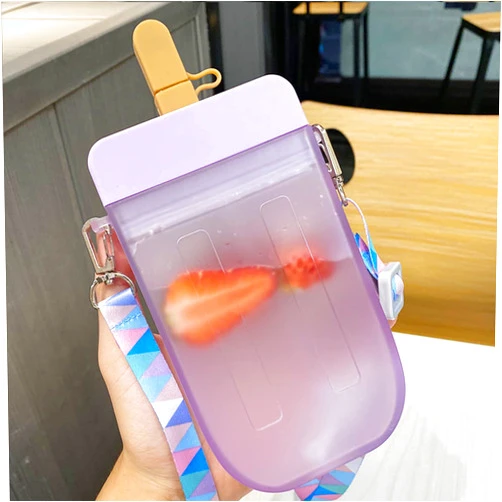 AXLOFO® Cute Water Bottle with Straw - 300 ML Creative Ice Cream Popsicle Cups Adjustable Shoulder Strap for School Girls, BPA Free Kawaii Drinking Bottles (purple)