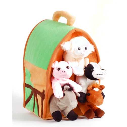 Unipak Plush Farm House with Animals- Five (5) Stuffed Farm Animals (Horse, Lamb, Cow, Pig, Grey Horse) in Play Farm House