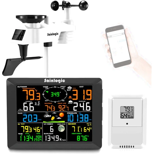 Sainlogic Home10-in-1 WiFi Smart Weather Station with Outdoor 7-in-1 Sensor, Internet Wireless Weather Station Remote Monitoring System, 8.3 Inch Color Display with Rain Gauge, Temperature