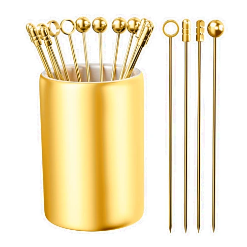 THECOSKY Metal Cocktail Picks 16Pack+Holder Kit, 304 Stainless Steel Cocktail Toothpicks, Reusable Cocktail Skewers, Garnish Picks Bloody Mary Skewers, Metal Martini Picks for Olives Appetizers Fruit