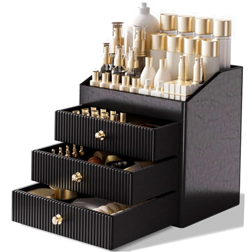 LADSTAG Cosmetic Organizer,Luxury Make up Organizer with 3 shelf Drawers,Black Large Capacity Makeup Organizers for Skincare,Brushes, Dresser,Bedroom,Bathroom,Birthday Gifts for Mom