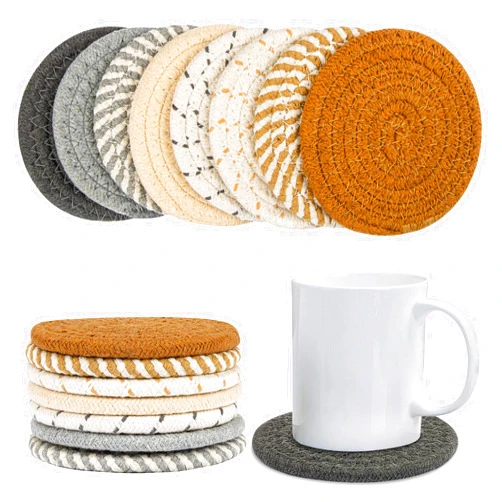 MAQIHAN Woven Cotton Drink Coasters - MAQIHAN 8 Pcs Woven Coasters for Drinks Hand Round Boho Coasters Fabric Coasters Drink Coasters Absorbent Coffee Coasters for Home Decor Farmhouse Drink Desk Coaster
