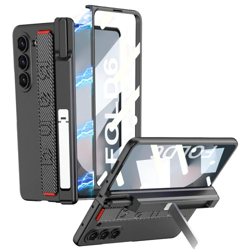 MOAITO for Samsung Galaxy Z Fold 6 Case with S-Pen Holder [Wrist Band] [Kickstand], Luxury PC Frame Shockproof Cover with Screen Protector (Carbon Fibre)