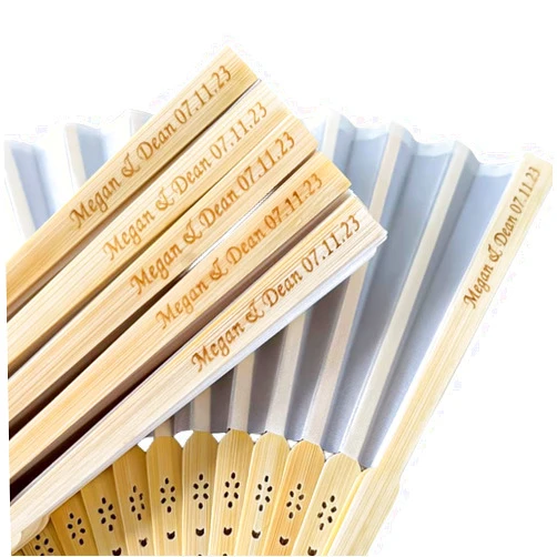 LeDly Personalized Wedding Fans for Guests (52Pcs)- Custom Engraved White Imitated Silk Fan for Wedding, Hand Folding Fans for Party Guests Favor, Bridal Shower Baby Shower Birthday Party Gifts