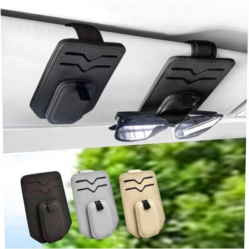 Teoenix Sunglass Holder for Car, Magnetic Leather Car Sunglass Holder Eyeglass Glasses Hanger Clip for Car Sun Visor, Ticket Card Clip Cash Organizer, 2 Pack Black