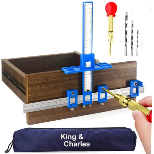 King&Charles Cabinet Hardware Jig, Cabinet Handle Jig + Automatic Hole Punch + Point Drill Bits, Cabinet Jig for Handles and Pulls on Drawers/Cabinets, Cabinet Hardware Template Tool Perfect Set.