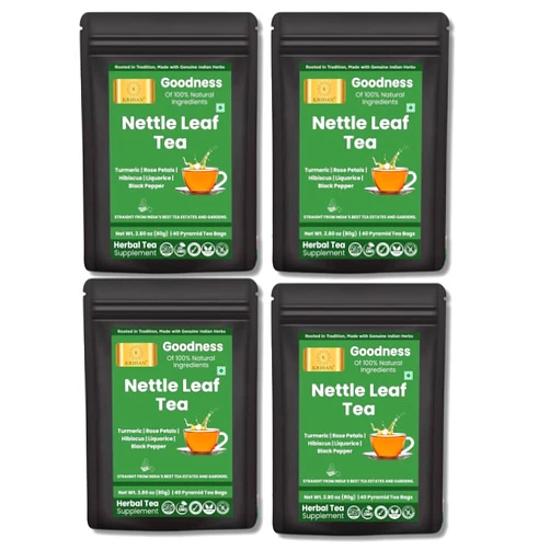 K KRIHAN Organic Nettle Leaf Herbal Tea Made with 100% Wild Nettle Leaves Supports Joint, Eye & Strengthen Bones & Overall Wellness No Additive, Caffeine-Free 80g, 40 Pyramid Tea Bags I Pack of 4